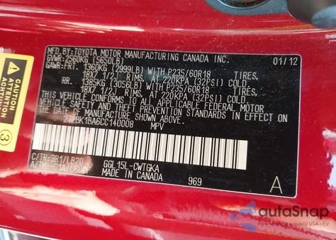 2012 Lexus Rx 350 350 from USA, damaged, VIN 2T2BK1BA6CC140008